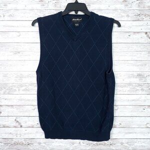 Eddie Bauer Mens Sweater Vest S Navy Diamond Pattern Cotton 428A